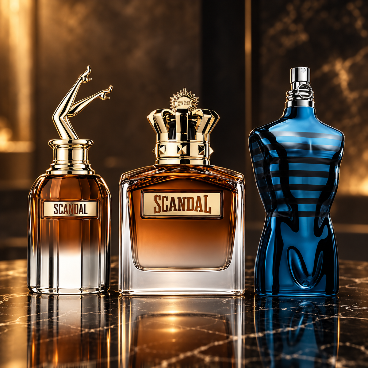 Jean Paul Gaultier: Scandal Elixir, Scandal Pour Homme Elixir, Le Male In Blue — scena su marmo nero