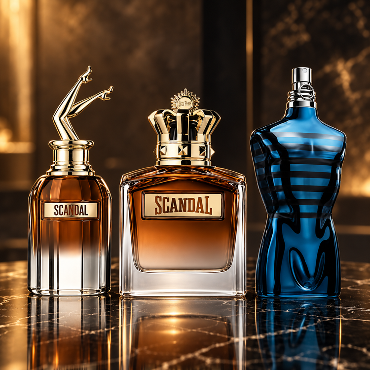 Jean Paul Gaultier: Scandal Elixir, Scandal Pour Homme Elixir, Le Male In Blue — scena su marmo nero