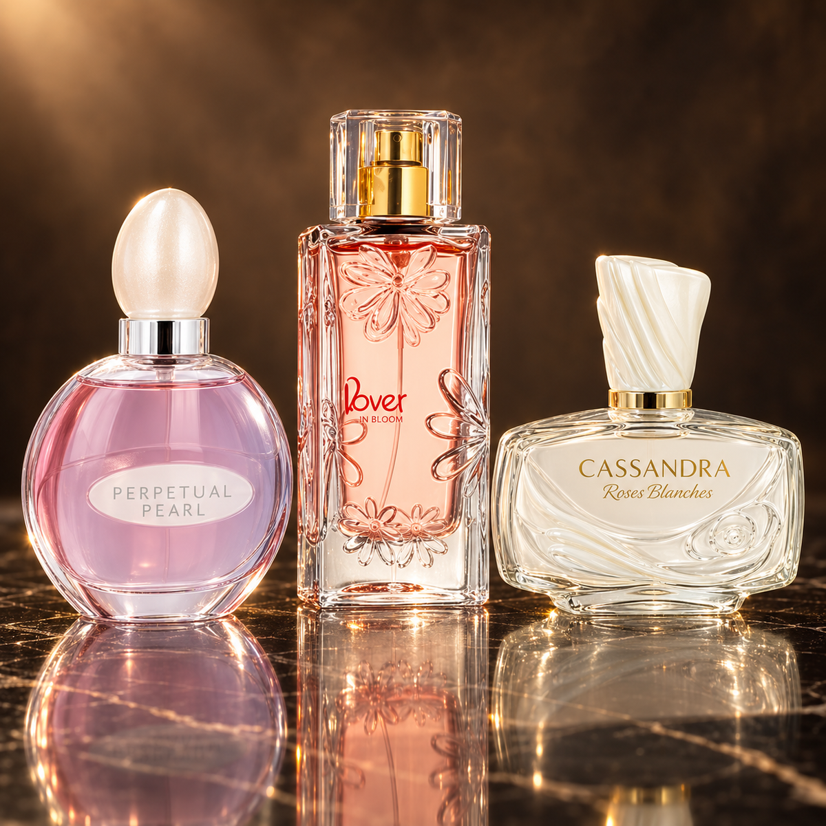 Jeanne Arthes: Perpetual Pearl, Lover in Bloom, Cassandra Roses Blanches — scena su marmo nero