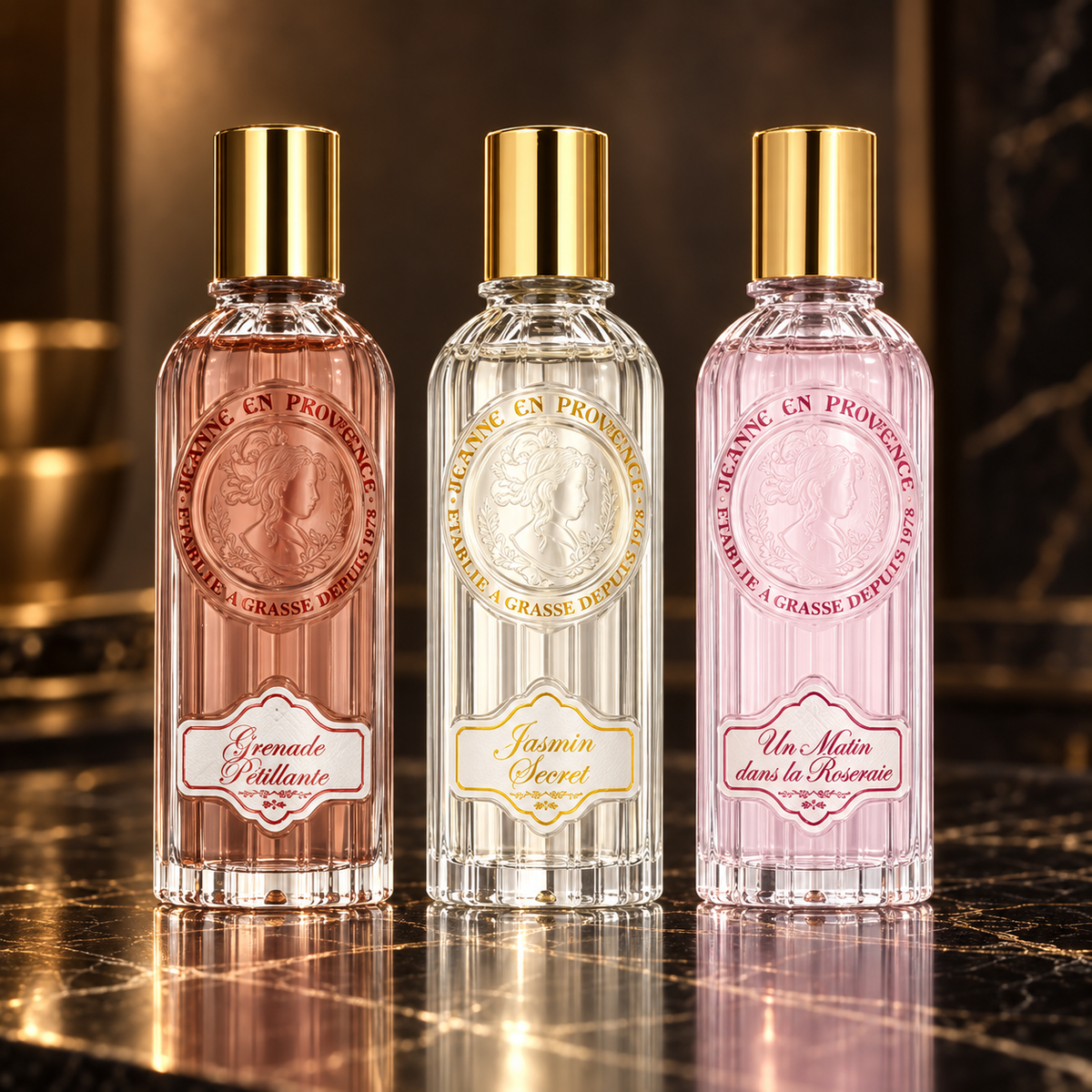 Jeanne En Provence: Grenade Petillante, Jasmin Secret Eau de Parfum, Un Matin dans la Roseraie — scena su marmo nero
