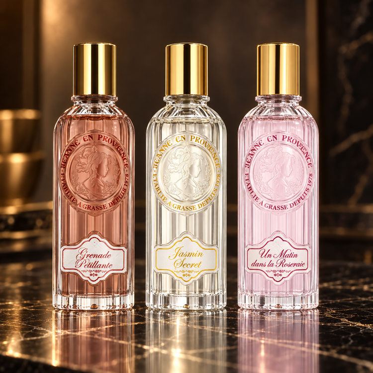 Jeanne En Provence: Grenade Petillante, Jasmin Secret Eau de Parfum, Un Matin dans la Roseraie — scena su marmo nero