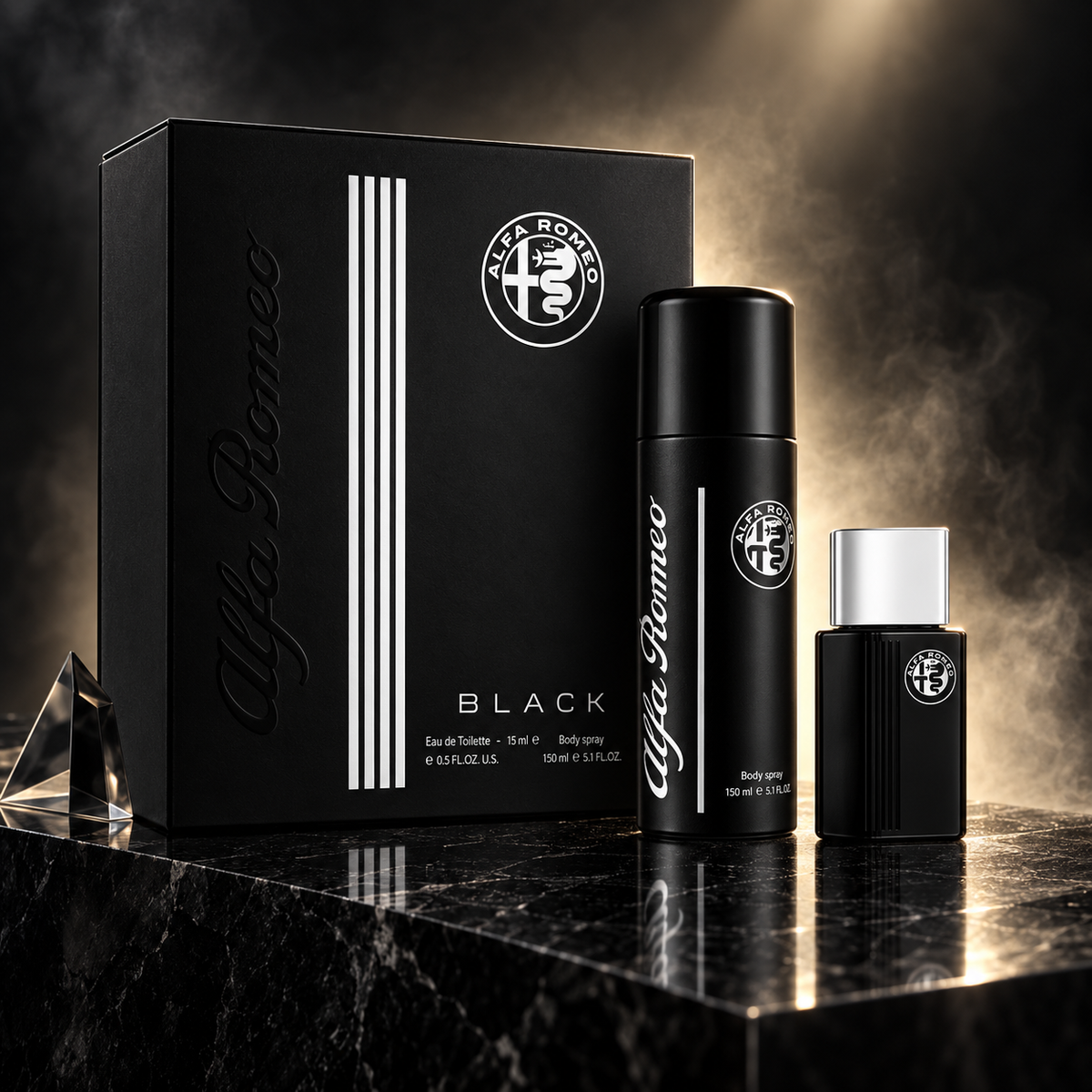 Alfa Romeo Black EDT 15 ml e spray corpo 150 ml — lifestyle editoriale NewBelle