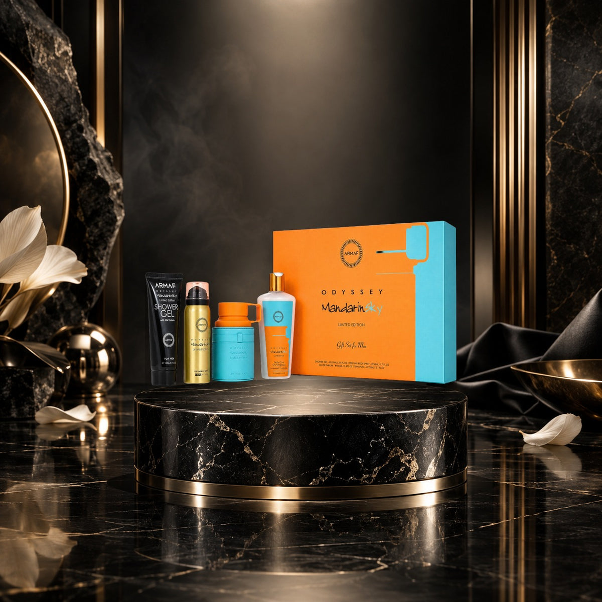 Odyssey Mandarin Sky EDP 100 ml + spray da corpo 50 ml + gel doccia 100 ml + Shampoo uomo (uom - NewBelle campagna