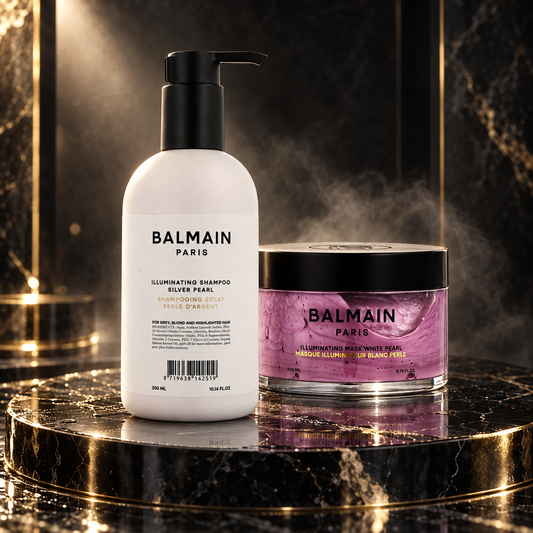 Balmain Hair Illuminating — shampoo Silver Pearl 300 ml e maschera White Pearl 200 ml — campagna NewBelle