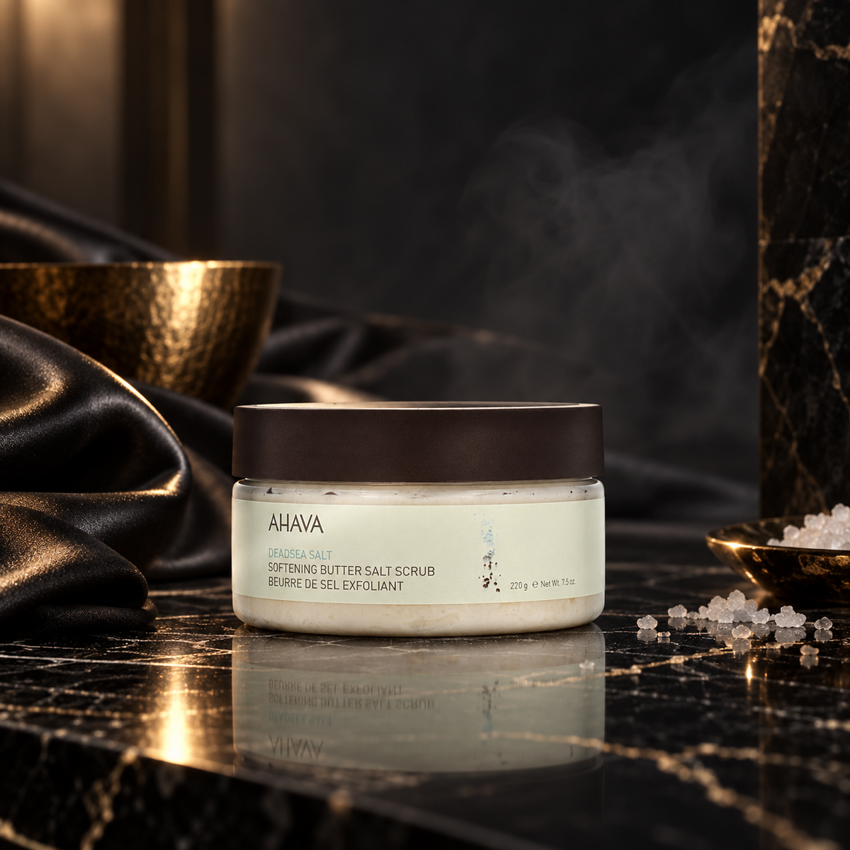 Deadsea Salt Softening Butter Salt Scrub — ambientazione luxury scura