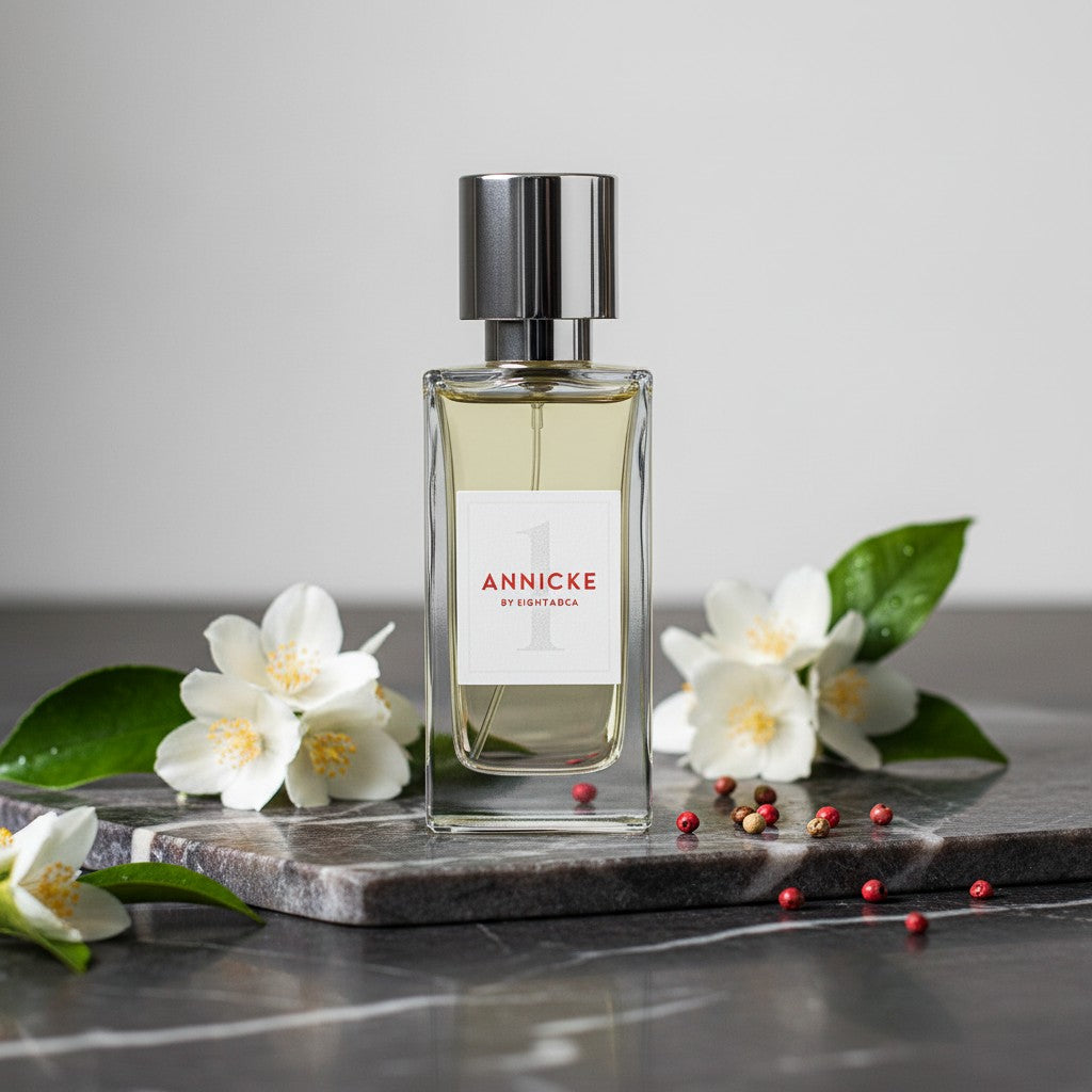 Profumo Newbelle Annicke 1 di EIGHT & BOB in flacone di vetro con fiori bianchi e bacche su base in marmo
