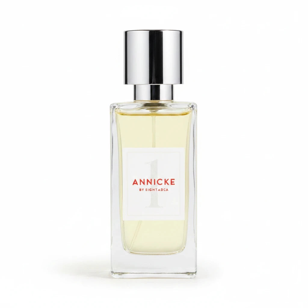 Flacone di profumo Newbelle Annicke 1 Eau de Parfum da 30 ml con tappo argentato su sfondo bianco
