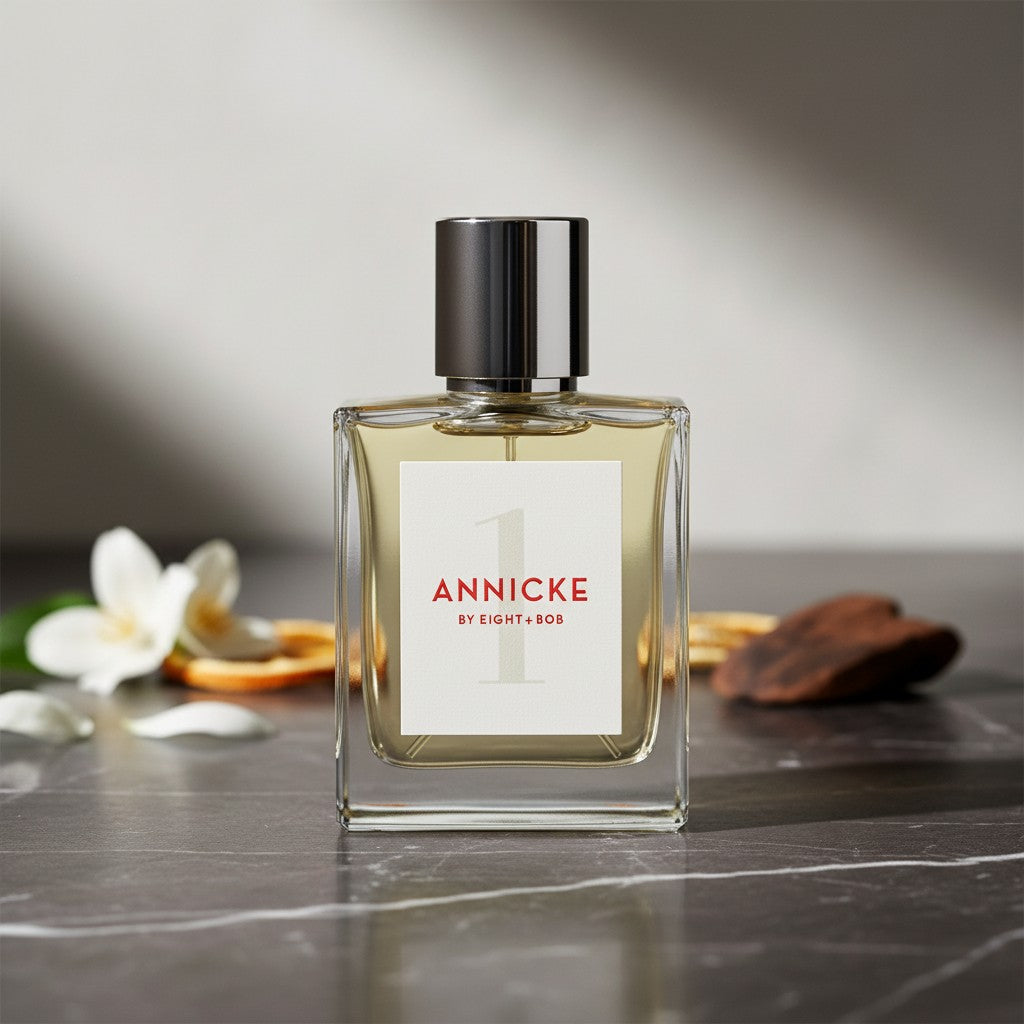 Flacone di profumo Newbelle Annicke 1 di EIGHT & BOB su superficie in marmo con fiori e decorazioni naturali